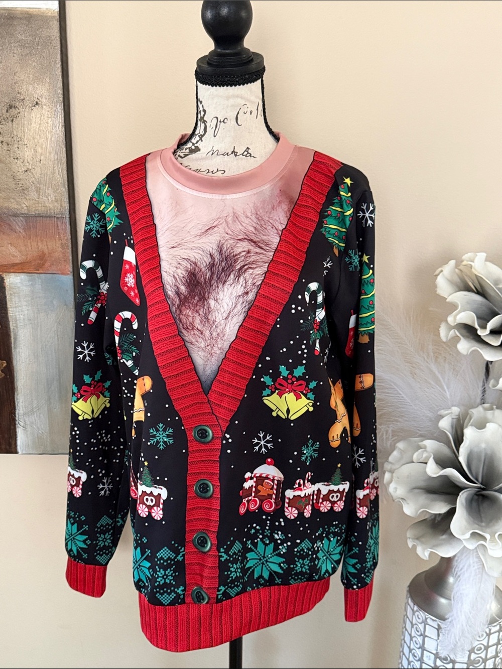SHEIN Black Novelty Holiday Cardigan with Red Trim